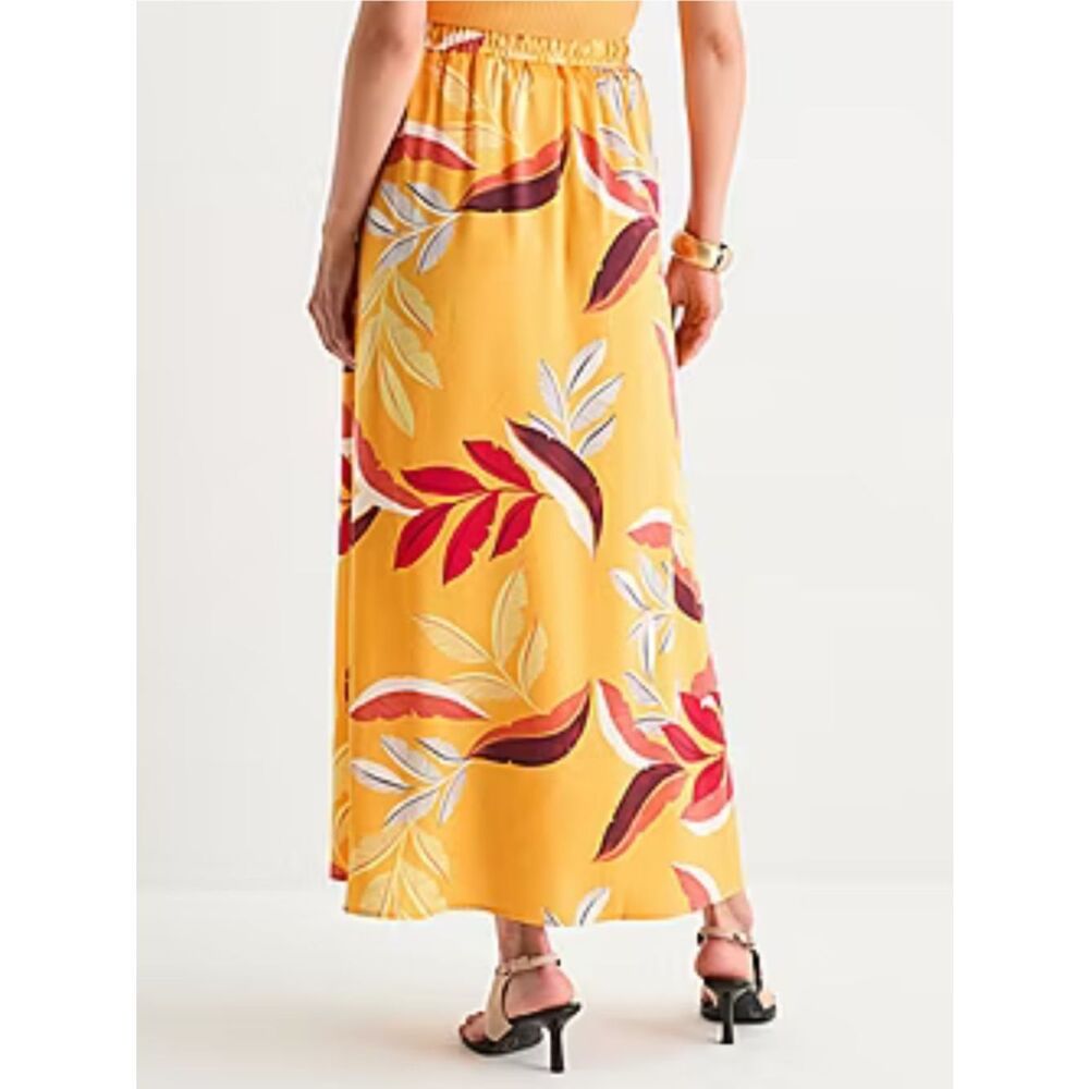 Worthington L Gold Red Tropical Rain Satin Drawstring Pull on Pocket Maxi Skirt - Picture 2 of 10